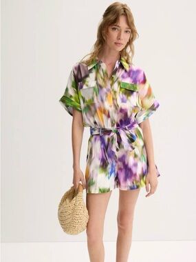 Christy Multicolor Brushstroke Romper - Purple & Green